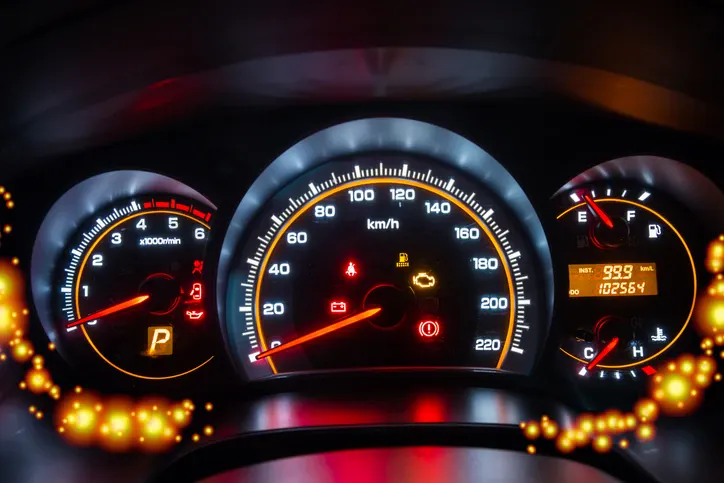 Żółta Kontrolka na desce rozdzielczej w samochodzie.