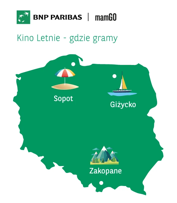 mapa Polski, gdzie możesz znaleźć mamGO w ramach BNP Paribas Kino Letnie.
