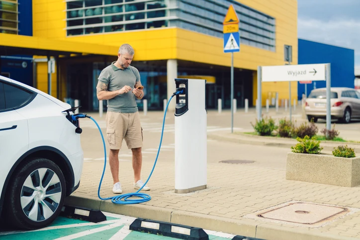 Mężczyzna ładujący samochód elektryczny na stacji ładowania – elektromobilność w praktyce, program Mój Elektryk 2.0 (NaszEauto)